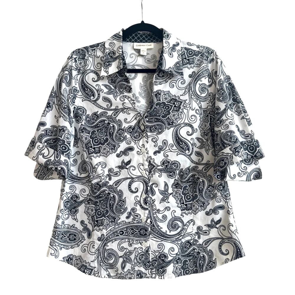 Coldwater Creek White with Black Paisley V-neck Button Down Blouse